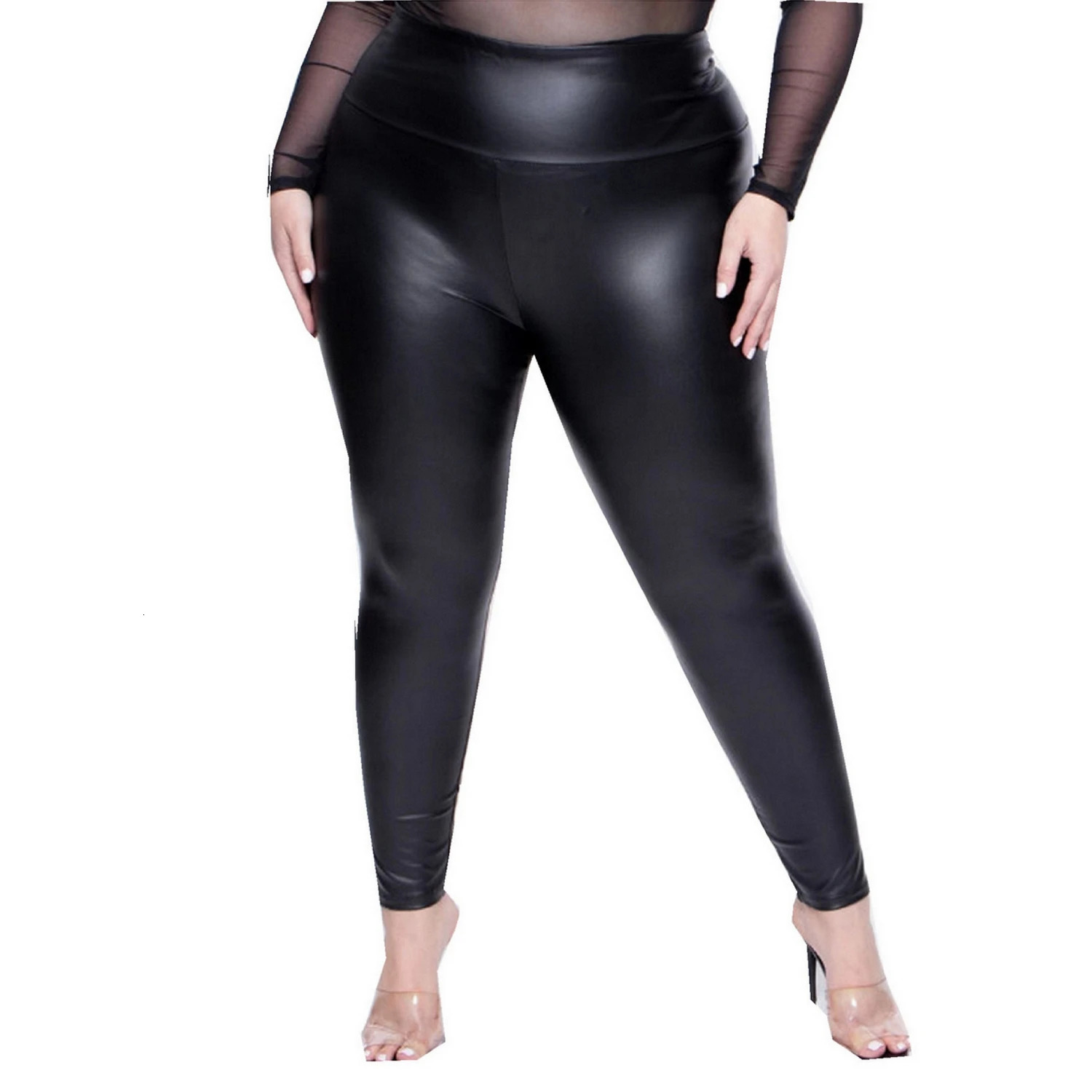 Spring Summer 3XL 4X 5X Plus Size Faux Leather Leggings For Women Butt Lift Black Leggings High Waisted Stretch Pants 250609
