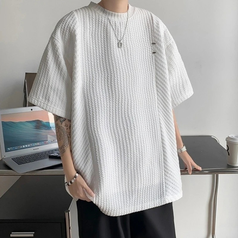 Summer Solid Color Short Sleeve Texture T-shirt For Men Korean Fashion Breathable Round Neck Tshirt Y2K Streetwear Tee Shirts 250616