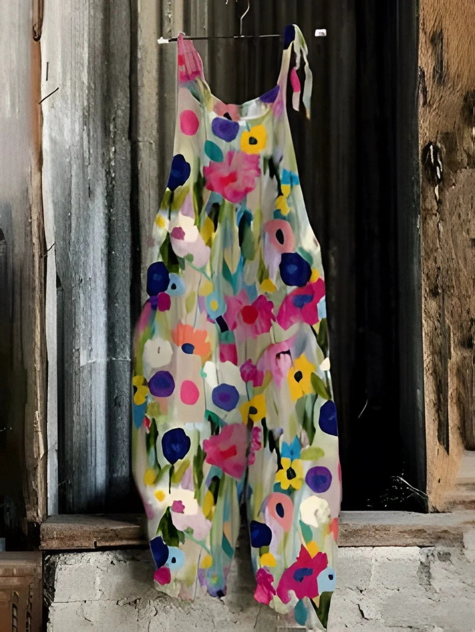 selling Womens Summer Fashion jumpsuit overalls minimalist wide leg pants 3D digital printed floral work pants 250614