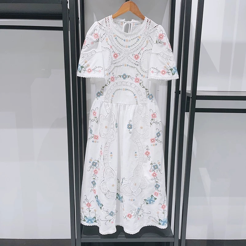 Sweet and heavy floral cross embroidered hollow round neck short sleeved dress for spring and summer 2025
