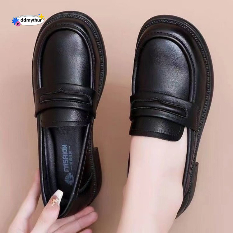 Genuine 2025 Spring Round Toe Chunky Heel Versatile British Style Top Layer Cowhide Loafers Women's Small Leather Shoes ddmythur