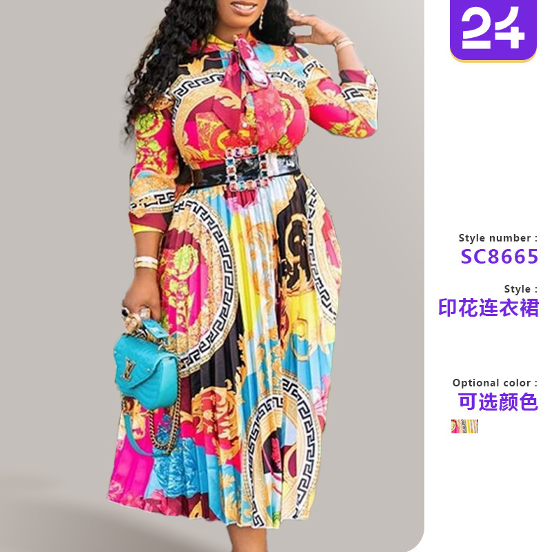 Designer Plus Size 2025 Spring Summer New Cross-border European And American Wish Dress Plus Size Women's Literary Print Pleated Three-quarter