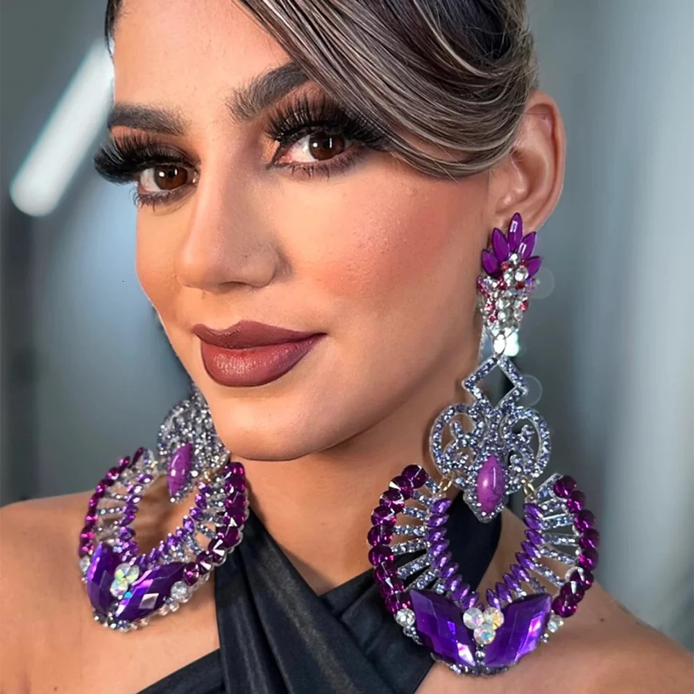 Exaggerated Large Rhinestone Earrings Dangle Accessories for Women Aesthetic Bling Purple Crystal Drop Earrings Wedding Jewelry 250618