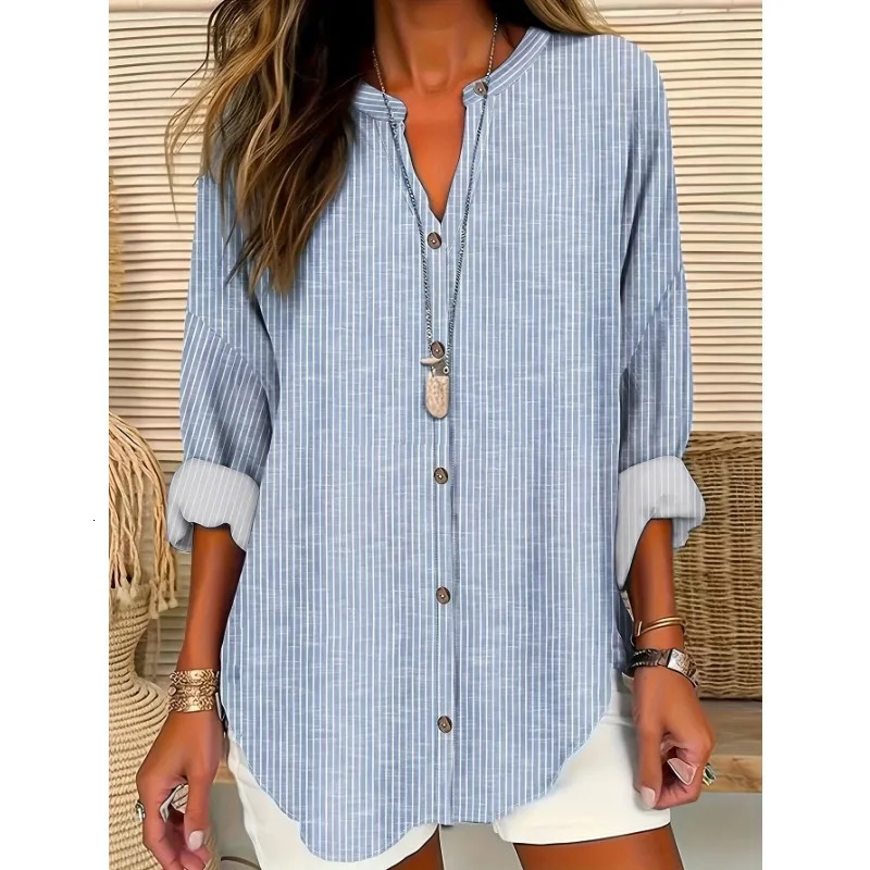 Plus Size 1XL-5XL Womens Blouses Vintage Casual Fashion Button Striped Long-sleeved Formal Office Shirts Top Women Clothing 250616