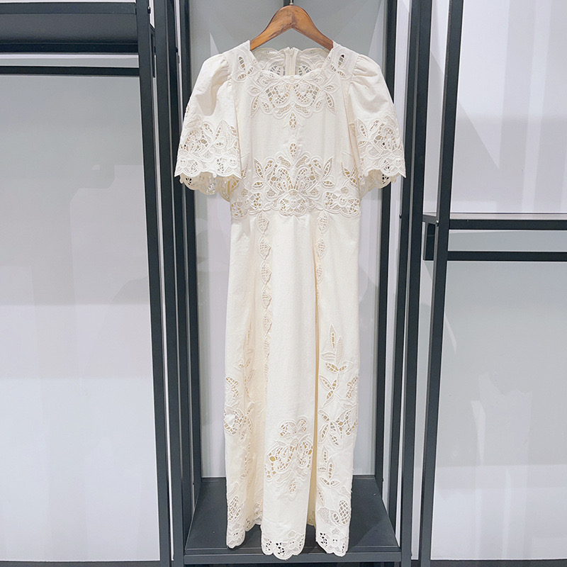 Summer se Light Luxury Laser Hollow Flower Embroidery Shouldered Round Neck High Waist Dress