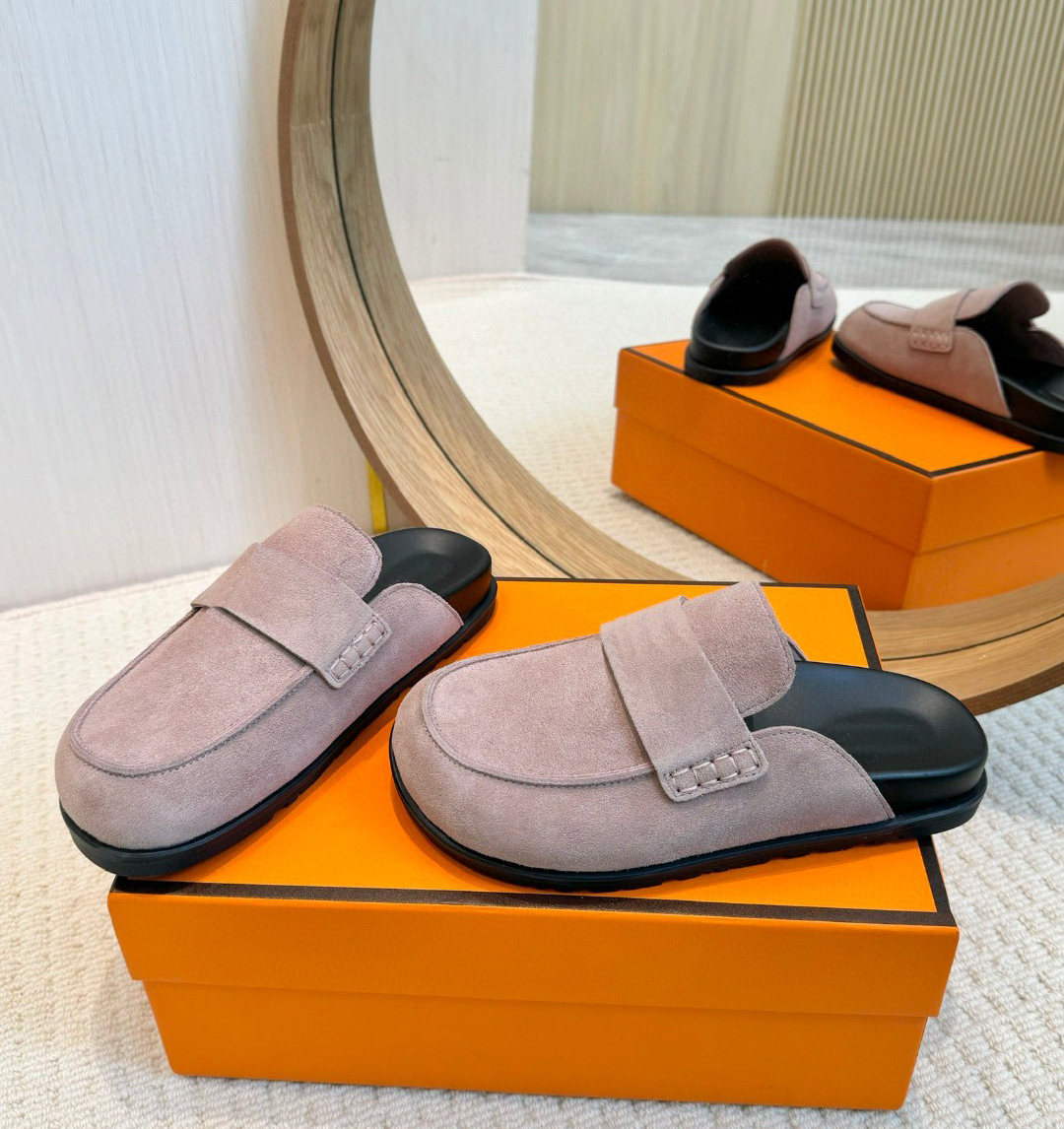 Luxury Suede Calfskin Mule Slippers Unisex Designer Scuff Sandals for Men & Women Comfortable Casual Baotou Shoes Sizes 35-45