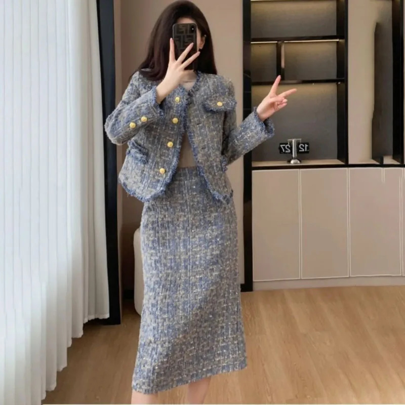 2025 Spring Autumn Tweed Suit Skirt Womens Fashion Loose Sweet SingleBreasted Casual Chic Jacket TwoPiece Sets 250618Z