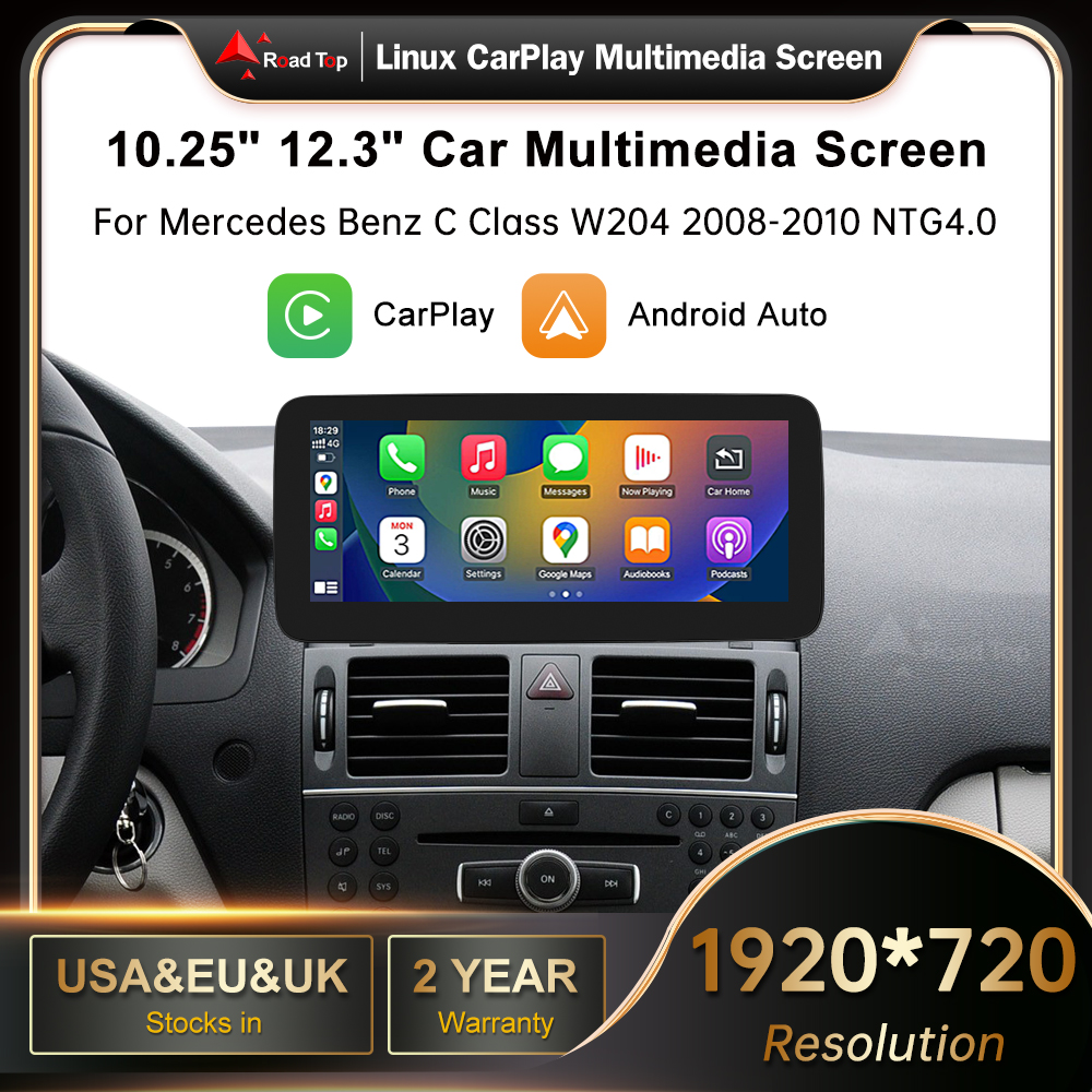 RoadTop Wireless CarPlay Android Auto Multimedia Display Linux 12.3 inch Ultra-thin Car Screen for Mercedes-Benz C Class W204 S204 2008-2010 NTG4.0