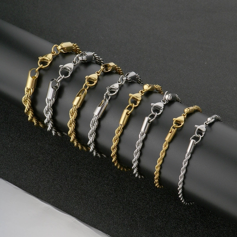 2/3/4/5/6/7/8mm Rope Chain Bracelets 18K Gold Plated Titanium Steel Not Fade Men Women Twisted Hip Hop Jewelry Gifts Stainless Chains Bracelet 7 8In