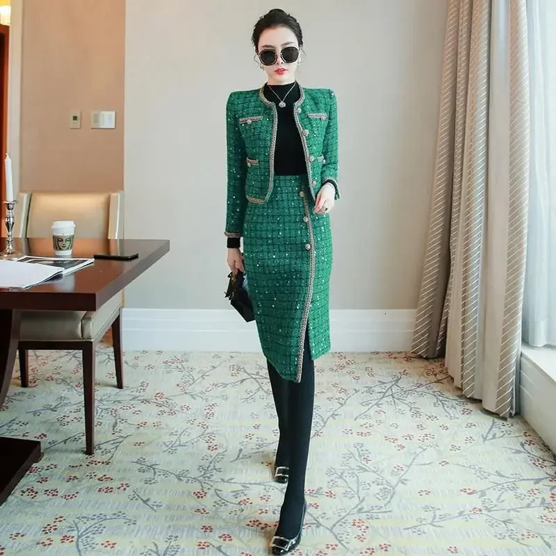 UNXX Clothes 2023 Winter Tweed Skirt Set Autumn Womens Party Suits Sequins Plaid Office Woolen Jacket Coat with 2 Piece 250618Z