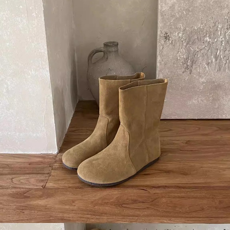 Vintage Stylish Luxury Women Flat Heels Leather Mid Calf Boots Women Minimalist Style Boot Designer Furry Round Toe Boot Shoes Comfortable