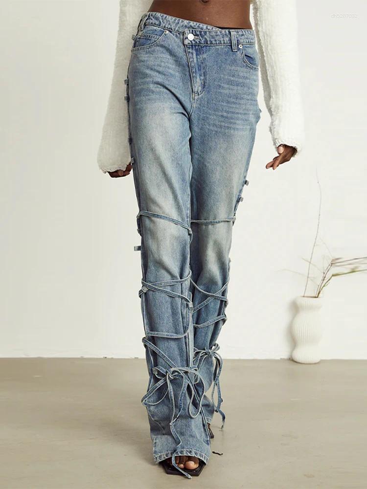 Jeans pour femmes vintage lacets-up hauts hauts de denim pantalon pantalon street street style décontracté pantalon chic pour femme