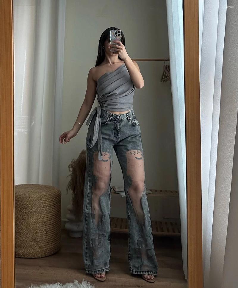 Jeans pour femmes vintage harajuku falles baggy gauze gauze gothique décontracté streetwear streetwear gris pantalon de jambe largement déchirée