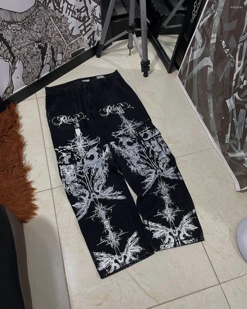 Jeans pour hommes y2k streetwear noir hétéroc Casual Denim pantalon gothique punk graphic imprime haute taille baggy mens polajuku pantalon
