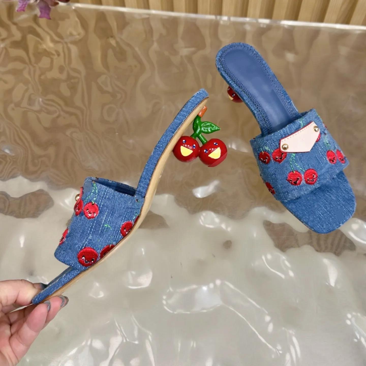Designer High heel Womens Sandal Lily Mule slipper TM slide Luxury murakami cherry Denim Leather shoe scuffers Sliders comfort Sandale Beach travel