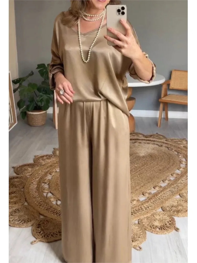 Spring Summer Fashion Solid Smooth Satin Two Piece Sets V Neck Half Sleeved Top And Long Pants Casual Loose Outfits 250616