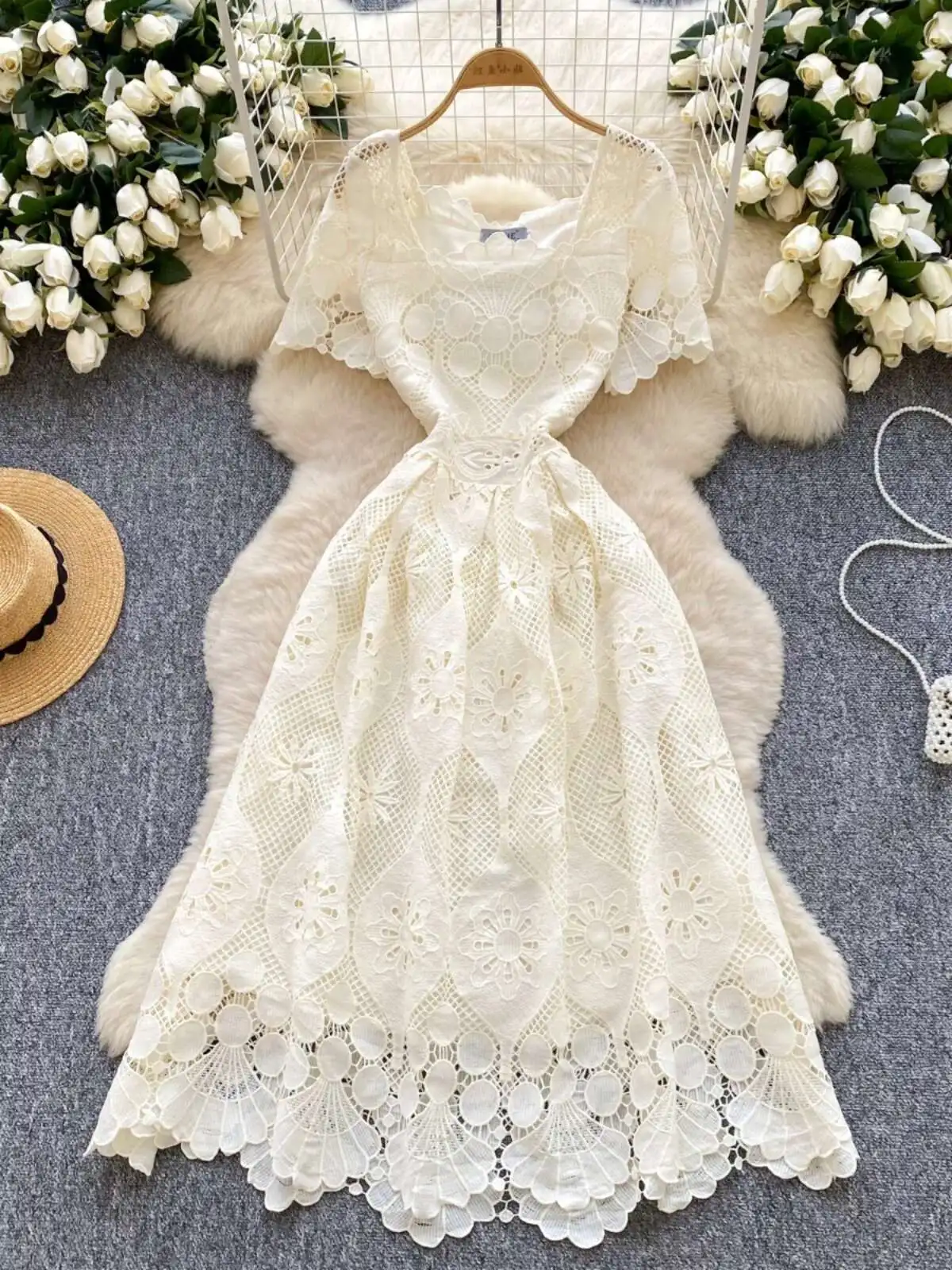 Elegant Hollow Out Embroidery Lace Long Dresses Women Summer Holiday Short Sleeve Flower Retro Midi Evening Party Vestidos