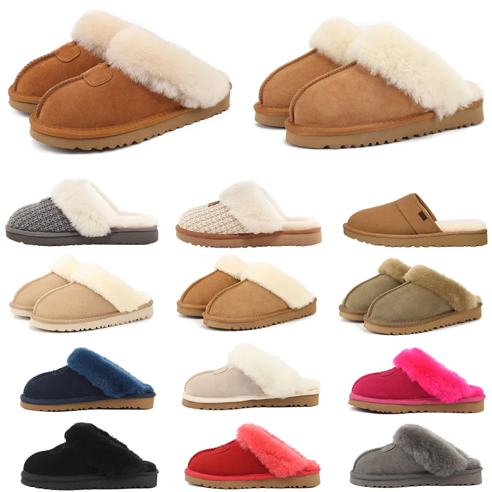 Designer Fluffy Slippers Australian Chestnut Fur Slides Sheepskin Shearling Mules Women Men Platform Shoes Suede Comfort Fall Winter Warm Booties 35