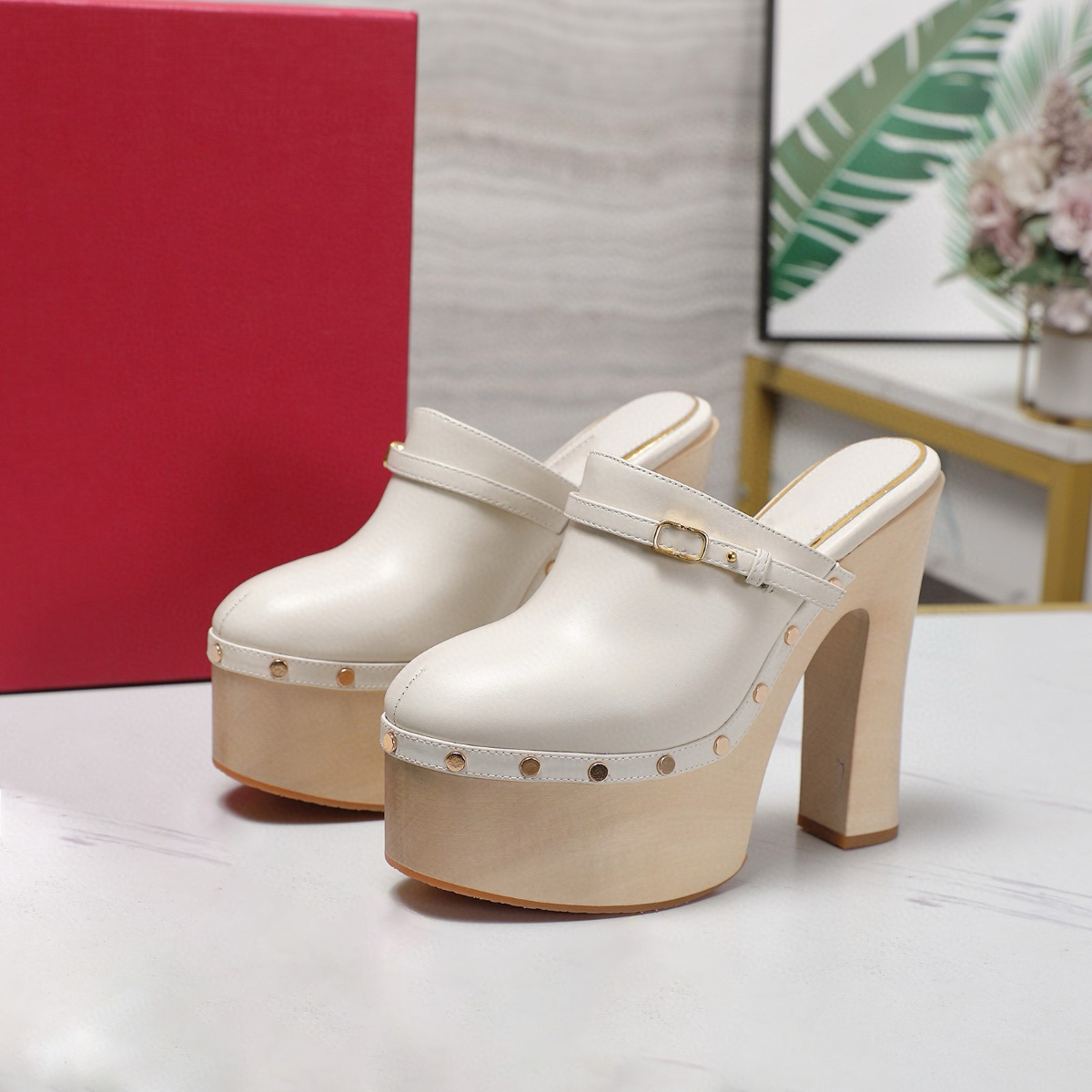Boho Vintage Clogs Mule Buckle Chunky heels Platform Real leather Closed round toe Studded slip on slippers women's Shoes luxury designer facto