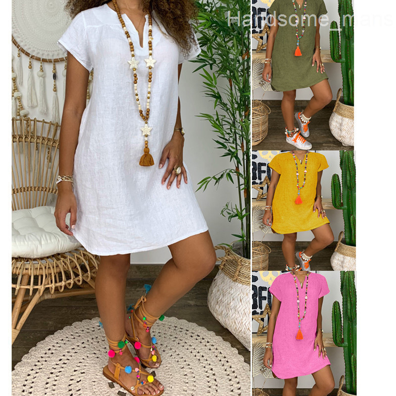 Women Cotton Linen Short Sleeve Dress Summer V-Neck Solid Color Casual Loose Mini Vestidos Fashion Streetwear Plus Size 5XL 210309