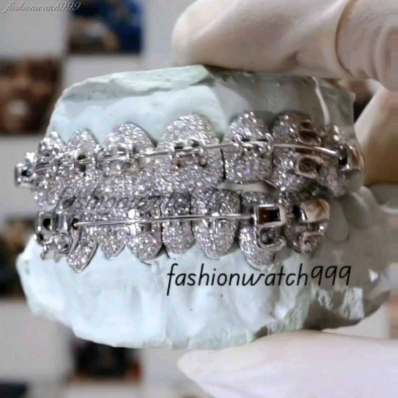 Custom Hiphop VVS Moissanite Lock Shape Honeycomb Grillz Teeth 925 Sterling Silver Dazzling Grillz-image-1000832117