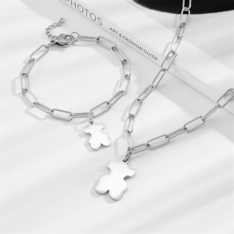 New Fashion Women Men Gold Stainless Steel Bear Cartoon Pink Black Drop Oil Bead Bracelet Pendant Necklace Earrings Sets Jewelry-image-1063380853