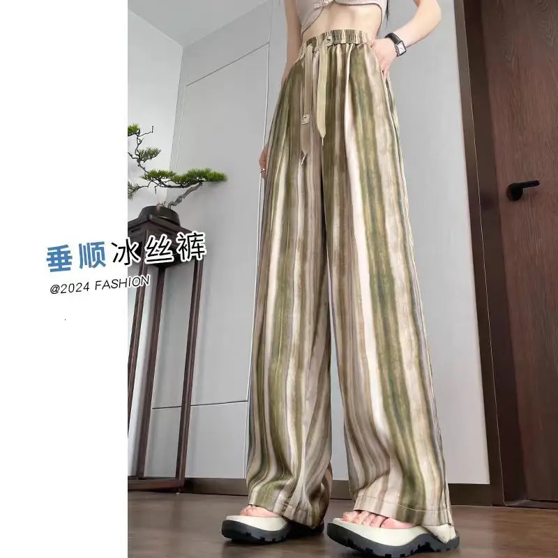 Pantaloni a righe in raso per donna Pantaloni casual drappeggiati dritti a vita alta sottili a gamba larga in seta di ghiaccio 250616