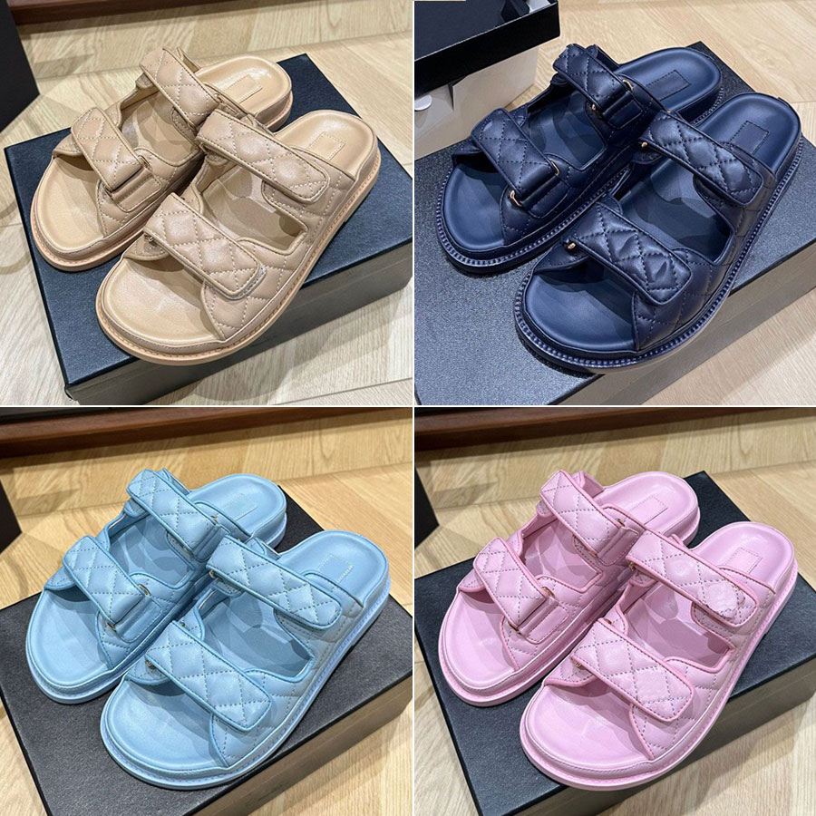 Classic Leather Flat slippers Sandal slides women&#039;s open toe Letter buckle slipper Beach shoes Luxury designer slides slippers for womens Va-image-942123776