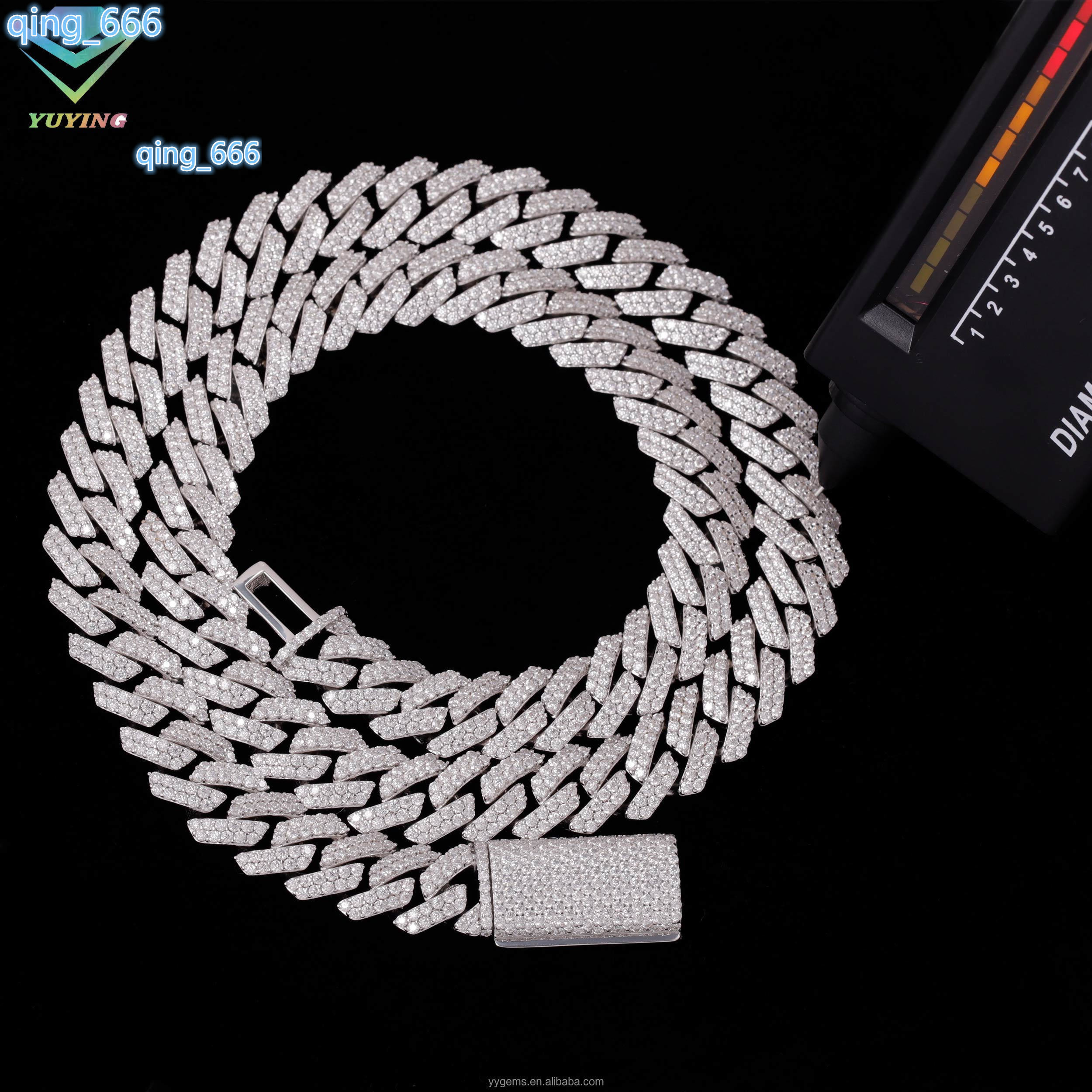New Style Fine Design 100% Pass Tester 12mm 2Rows VVS Moissanite Diamond Sterling Silver Cuban Link Chain for Hip Hop Necklace
