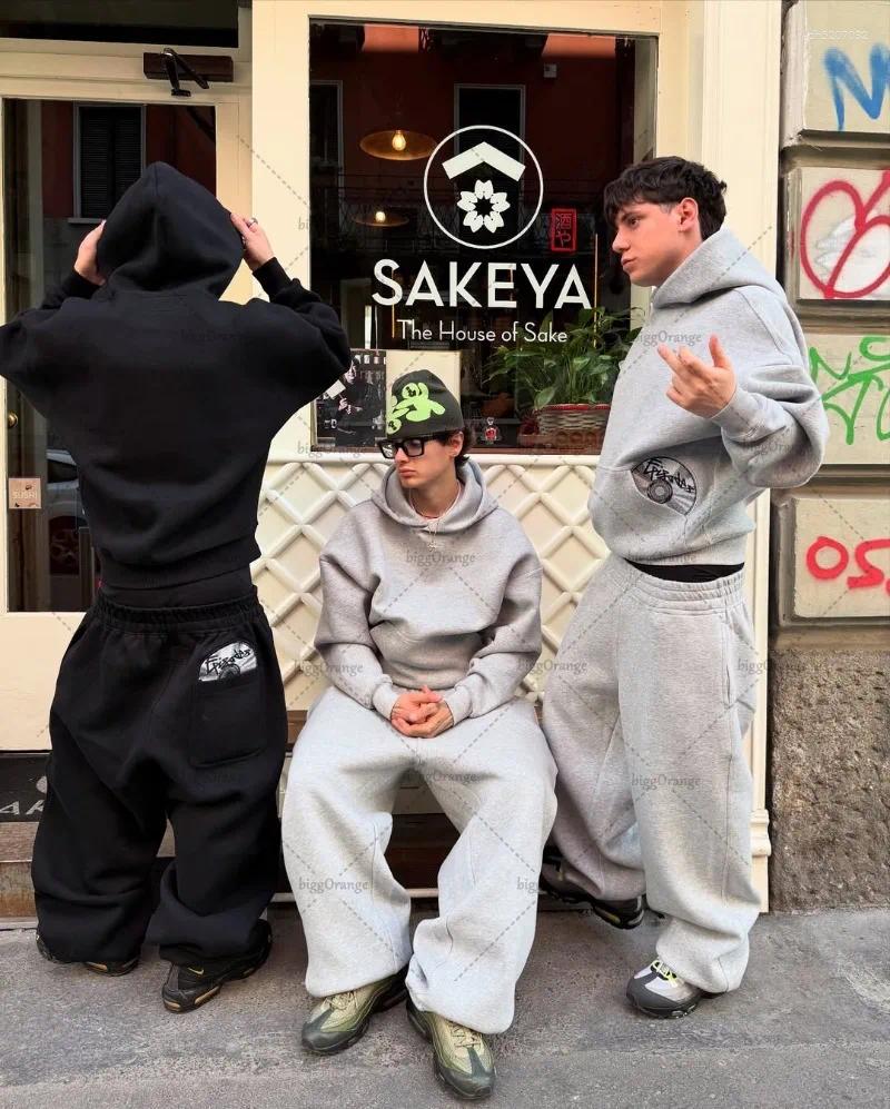 Mens Tracksuits Trendy Brand Casual Suit High Street Retro Oversized Hoodie Men 2025 Hip-hop Harajuku Goth Loose Wide-leg Pants Women