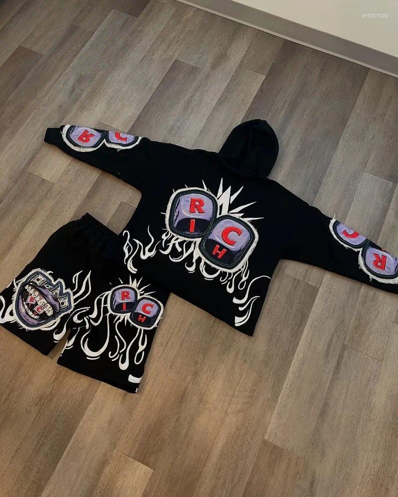 Mens Tracksuits European And American Street Casual Anime Letter Print Pullover Hoodie Shorts Suit Men Goth Hip-hop Oversized Clothing