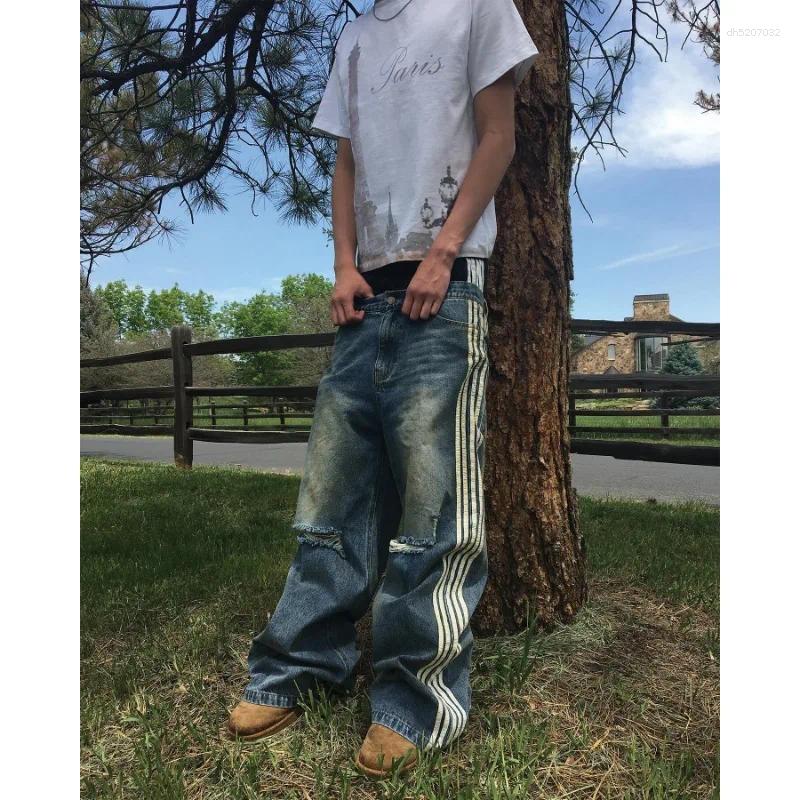 Jeans pour hommes rayures latérales de rue High Street Design Ripped Extra Large Men Y2k Double taille à mode polyvalent Ligne large des jambes