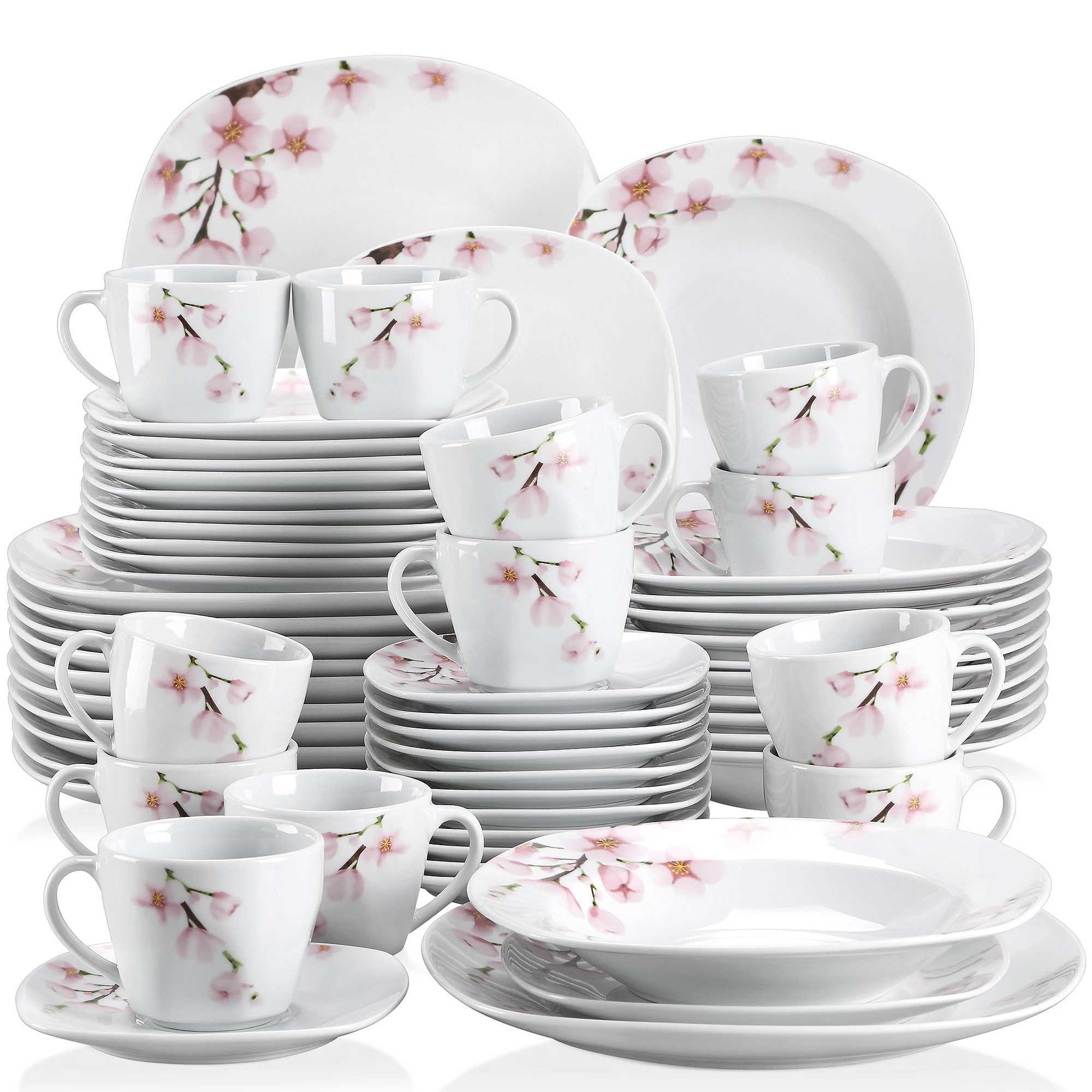 VEWEET ANNIE 60-Piece White Ceramic Pink Floral Porcelain Plate Set with Dinner Soup Dessert Plate Cups Saucers for 12 Person L250625 l250625-image-1063529328