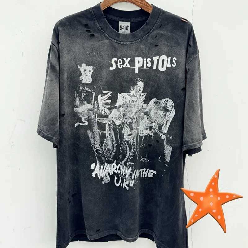 Cotton Vintage Band Print Hole Saint T-shirt High Quality Wash To Do Old Men Women Loose Short Sleeve T-shirtsL260526