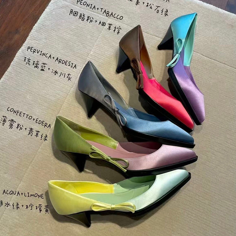 Fashion Satin Hollow Womens Pumps Colorbock Low Talon Sandales Sangle de la cheville Chaussures Pointed Toe Party Robes Chaussures Banquet Lady C