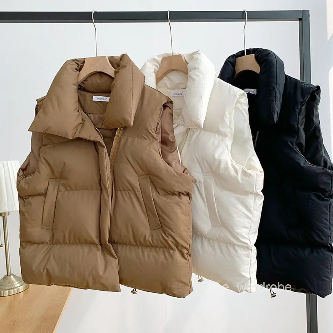 Zipper Down Cotton Vest Women Autumn Winter Short Loose Casual Waistcoat Clothing Sleeveless Jacket Top Solid Vintage