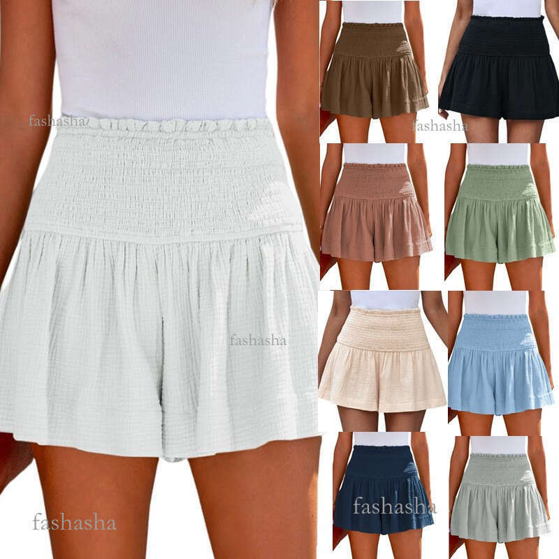 Spring/Summer New Solid Color High Waist Pleated Shorts European and American Casual Cotton Linen Womens Three-Quarter Shorts