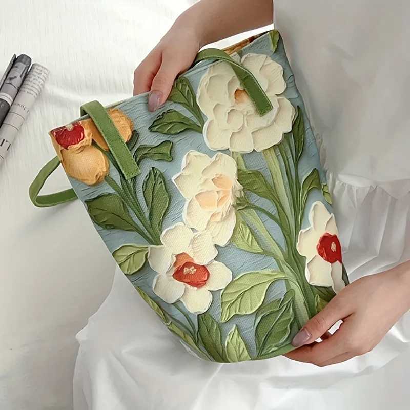 Womens Large Capacity Summer Floral Oxford Bucket Bag Casual Fashionable Shoulder Bag with Oil Painting Flower Design Handbag W250626