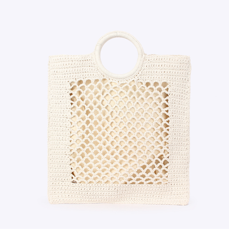 2025 New Summer Solid-color Handheld Woven Trendy Women's Forest-style Straw Handmade Cotton Rope Mesh Beach Bags