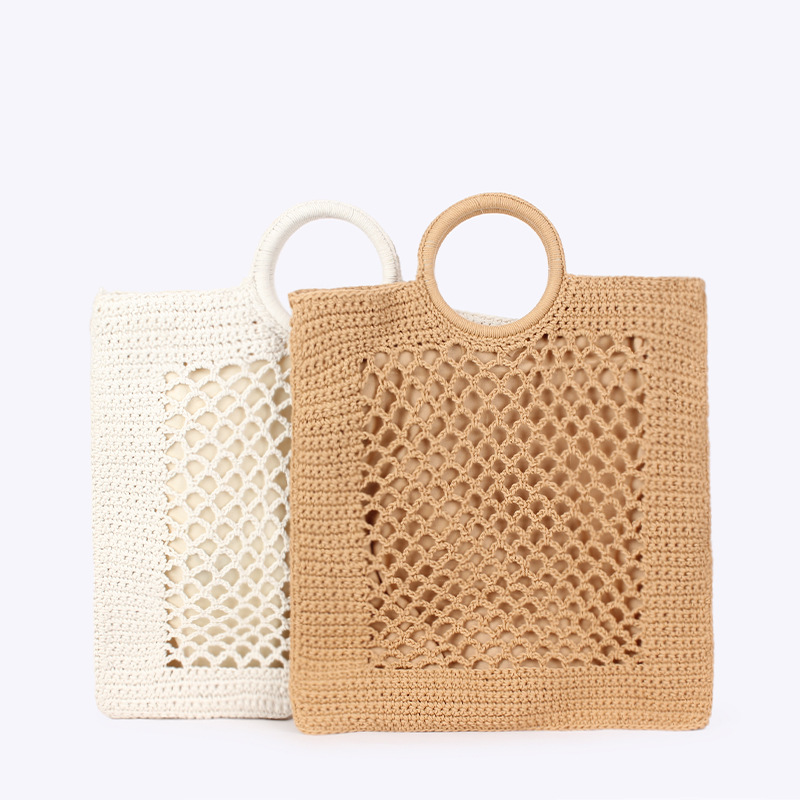 new Summer Solid-color Handheld Woven Trendy Women's Forest-style Straw Handmade Cotton Rope Mesh Beach Bags