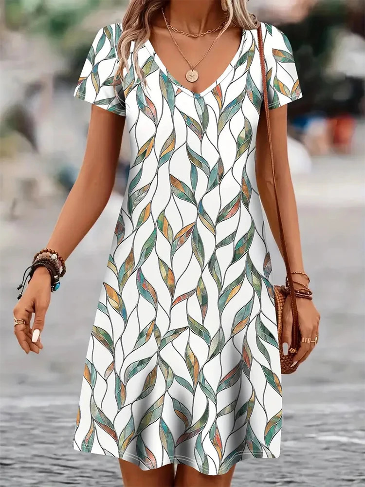 Casual WellFitted Printed Short Dress For Women Summer Elegant And Retro Ladys VNeck ShortSleeved Straight KneeLength 250616