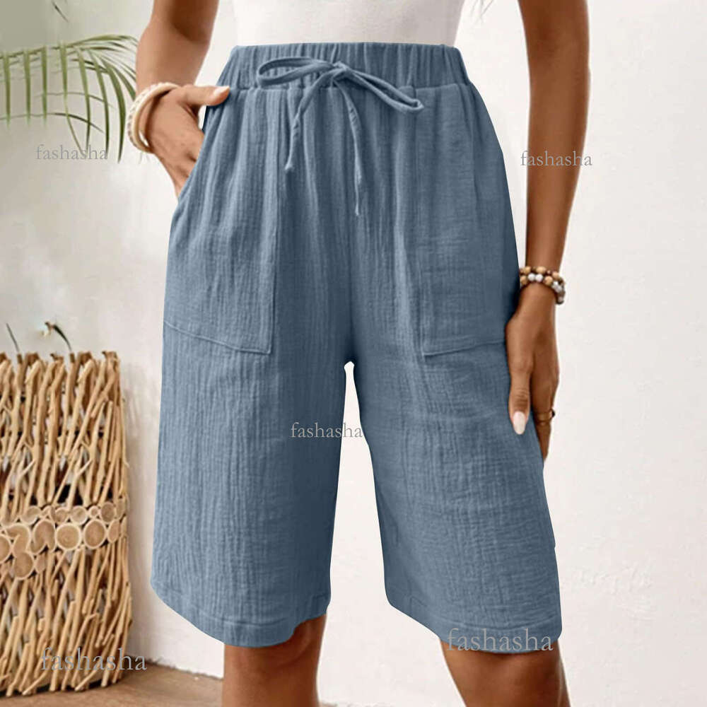 European and American Independent Station New Womens Summer Cotton Linen Solid Color Tie Loose Casual Five-Point Shorts