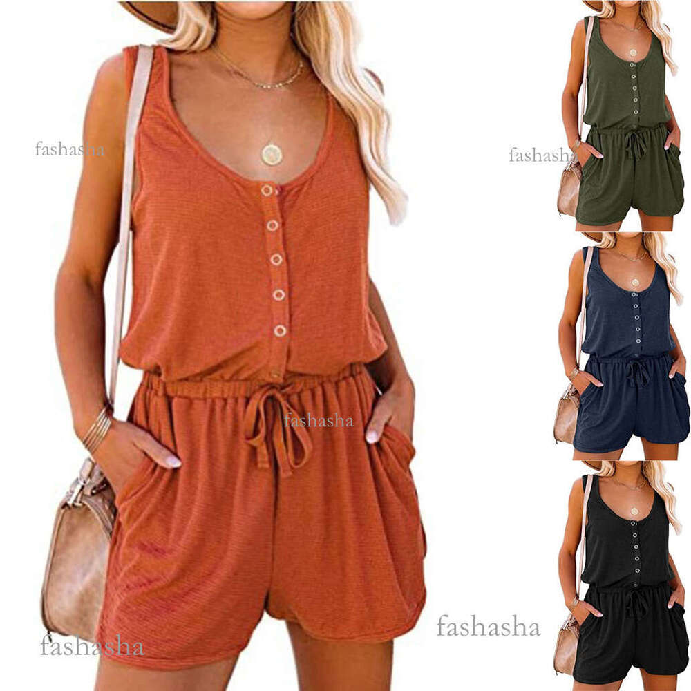 Womens Fashion Summer New Sleeveless Jumpsuit Waist-Tied Casual Loose Wide-Leg Shorts