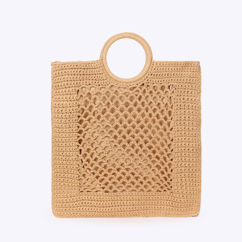 2025 Summer Solid-color Handheld Woven Trendy Women's Forest-style Straw Handmade Cotton Rope Mesh Beach Bags