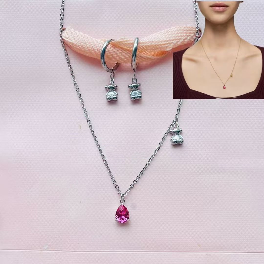 New Fashion Women Men Gold Stainless Steel Bear Cartoon Red Green Blue Stone Pendant Necklace Hoop Earrings Sets Jewelry-image-1063922535