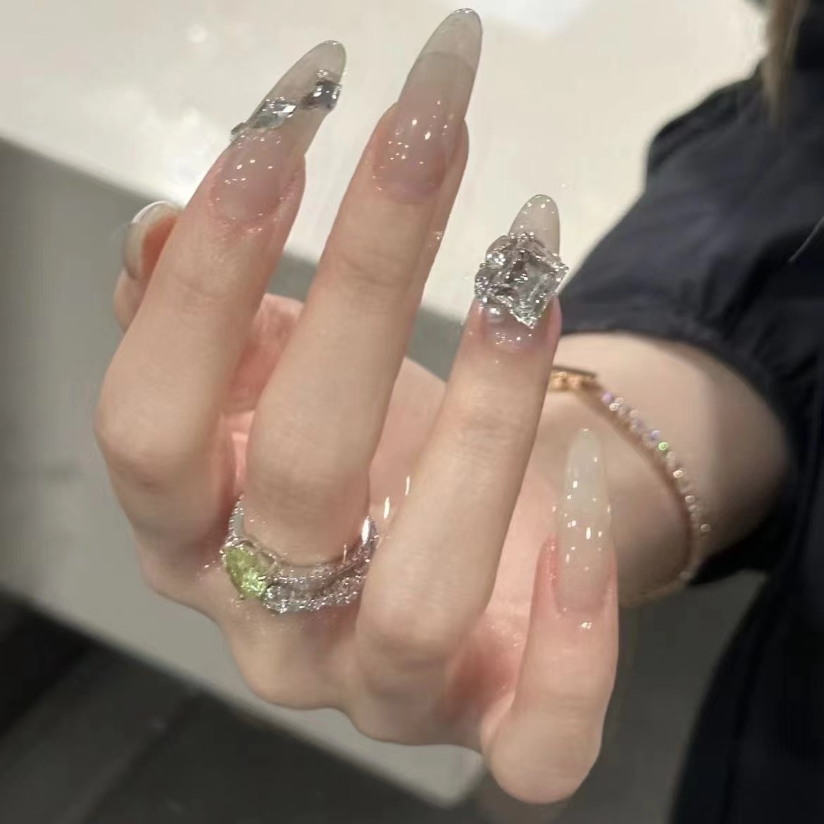 Cool Sensation Ice Transparent Gray Inlaid Diamond Stickers Gentle Temperament Style Wearable Nail Pieces Detachable Finished Products-image-1064076263