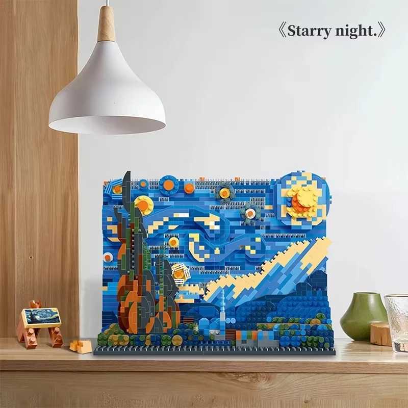 Creative Art Famous Paintings The Starry Night MOC The Great Wave of Kanagawa Micro Building Blocks Education Toys Kids Gifts Y250627-image-1063999593