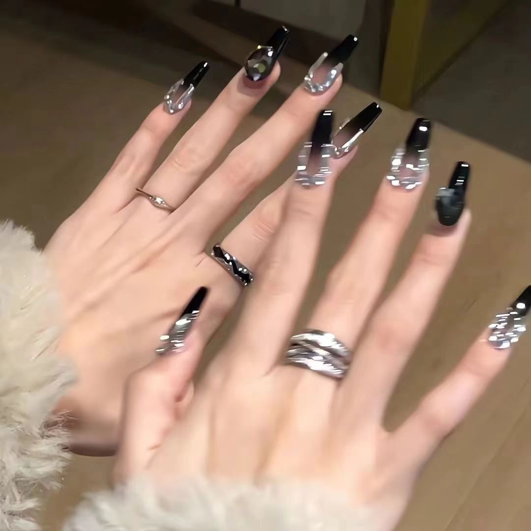 Mysterious Dark Sweet Cool Sparkling Rhinestone Wearable Art Long High-end Brightening Hot Girl Style Fake Nail Stickers-image-1064075974
