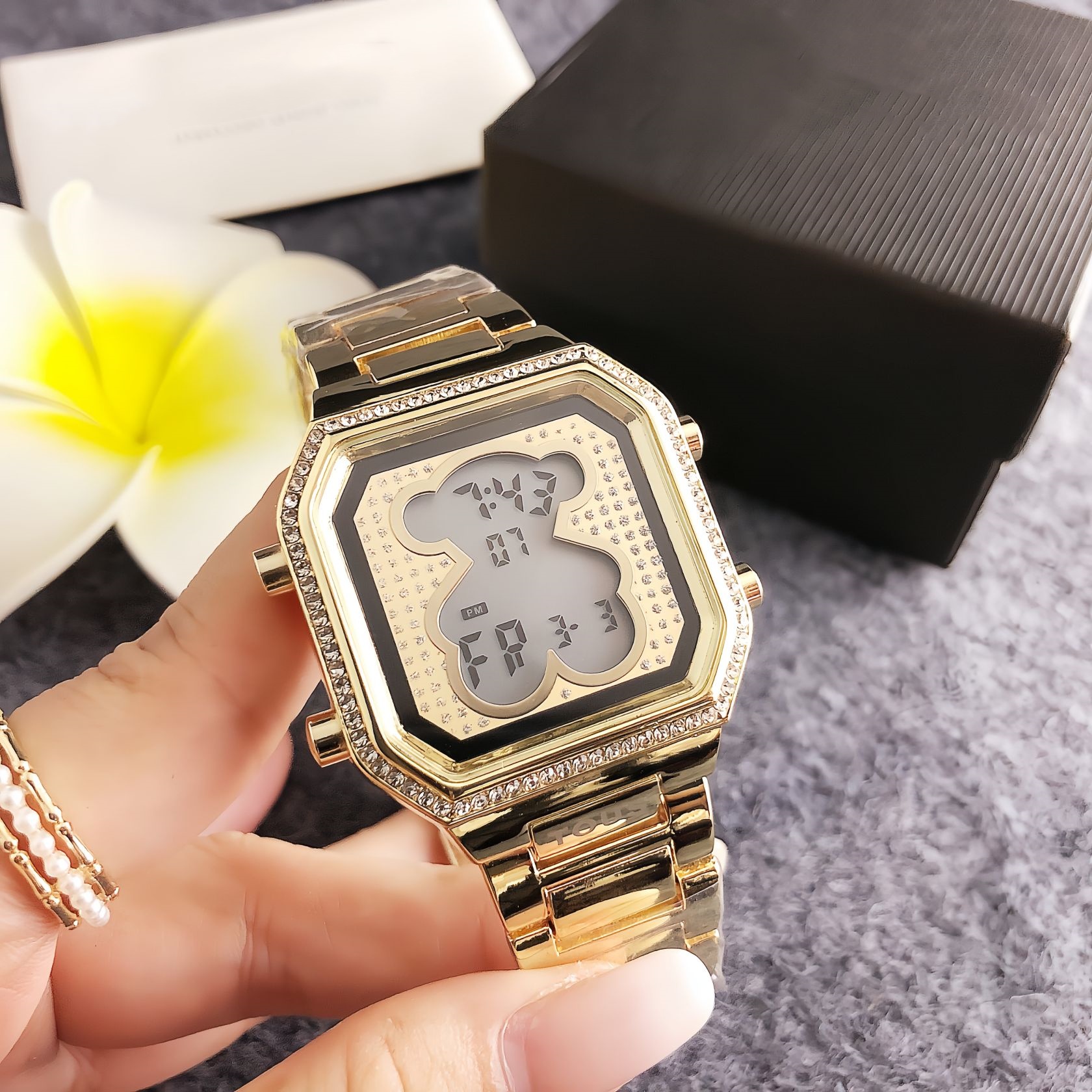 New Fashion Women Men Silver Rose Gold Pink Stainless Steel White Zircon Bear Electronic Watch Square Wire Pulsera Span Jewelry-image-1103800125