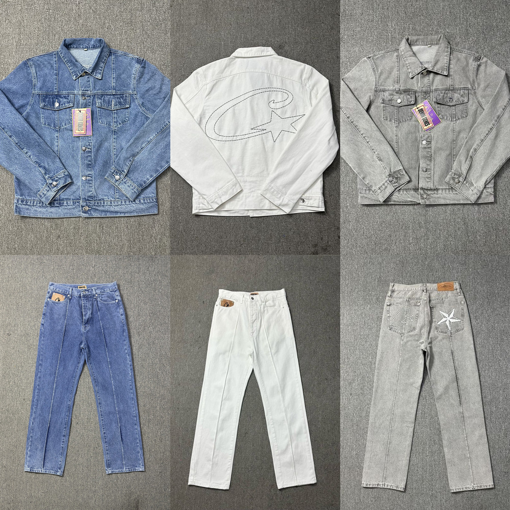 Mens Denim Jacket Jeans Casual Devil's Embroidery Island Leg pants Set High Street Vintage Hip Hop Unisex Denim Jacket Loose Jeans Trendy Brand